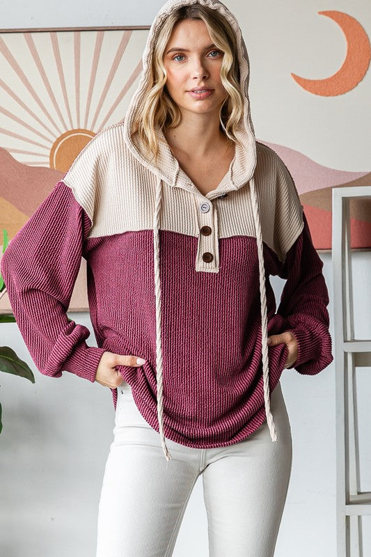 Ribbed Contrast Button Front Hoodie - Burgundy
