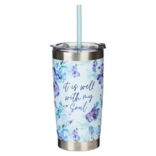 Load image into Gallery viewer, Travel Mug Stainless Steel Blue Floral- It Is Well with My Soul
