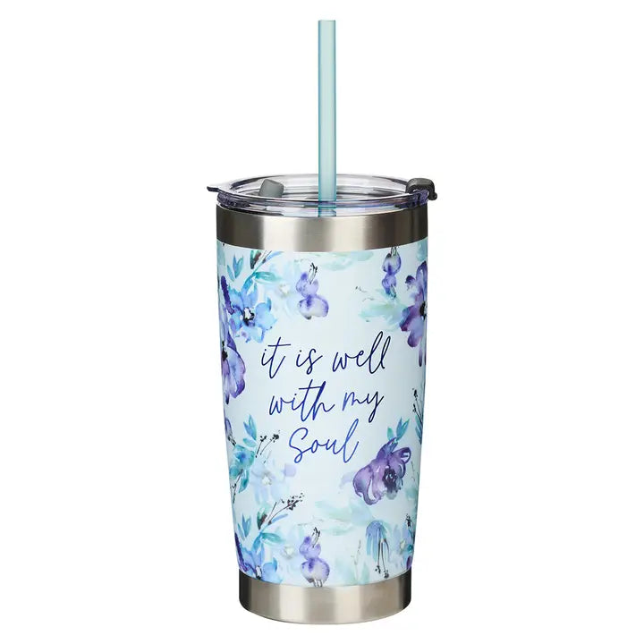 Travel Mug Stainless Steel Blue Floral- It Is Well with My Soul