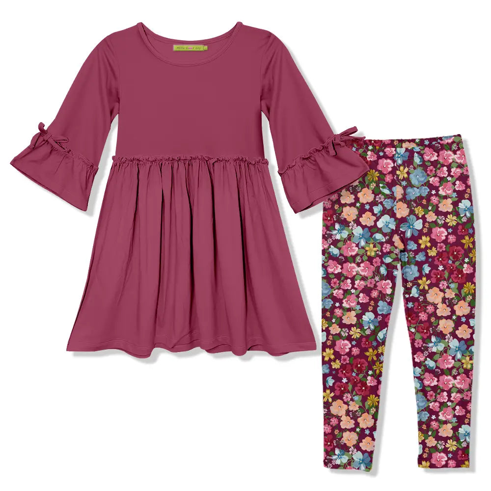 Girls Berry Floral Bow-Sleeve A-Line Dress & Leggings