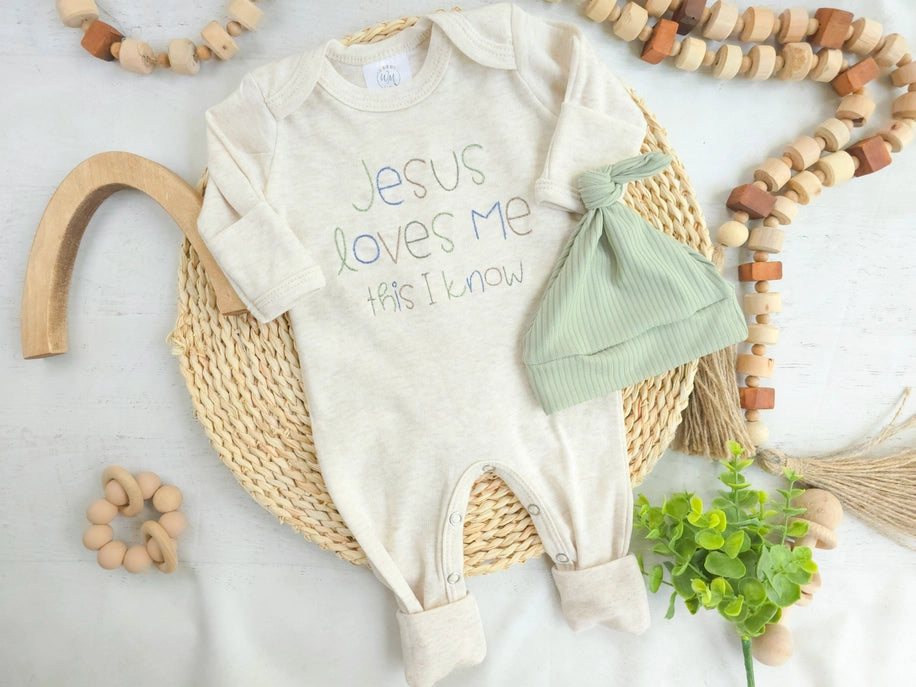 Jesus Loves Me Baby Boy Romper & Hat Set