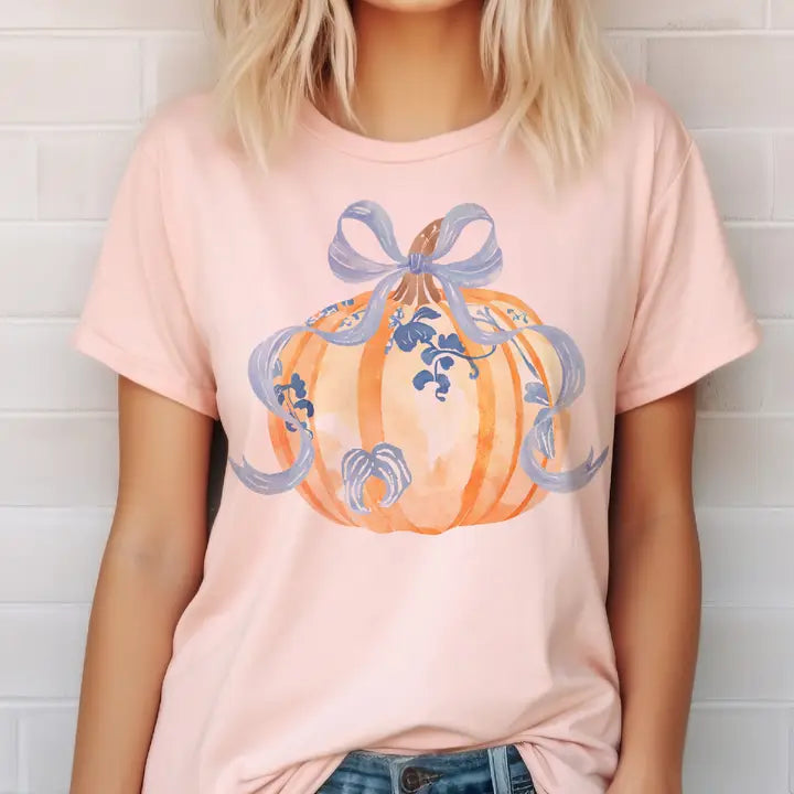 Pumpkin With Blue Bow Peach Graphic Tee