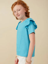 Load image into Gallery viewer, Girls Blue Marled Ruffled Sleeve Textured Knit Top
