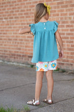 Load image into Gallery viewer, Girls Teal Retro Happy Flower Spring Summer Short Set
