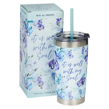 Load image into Gallery viewer, Travel Mug Stainless Steel Blue Floral- It Is Well with My Soul
