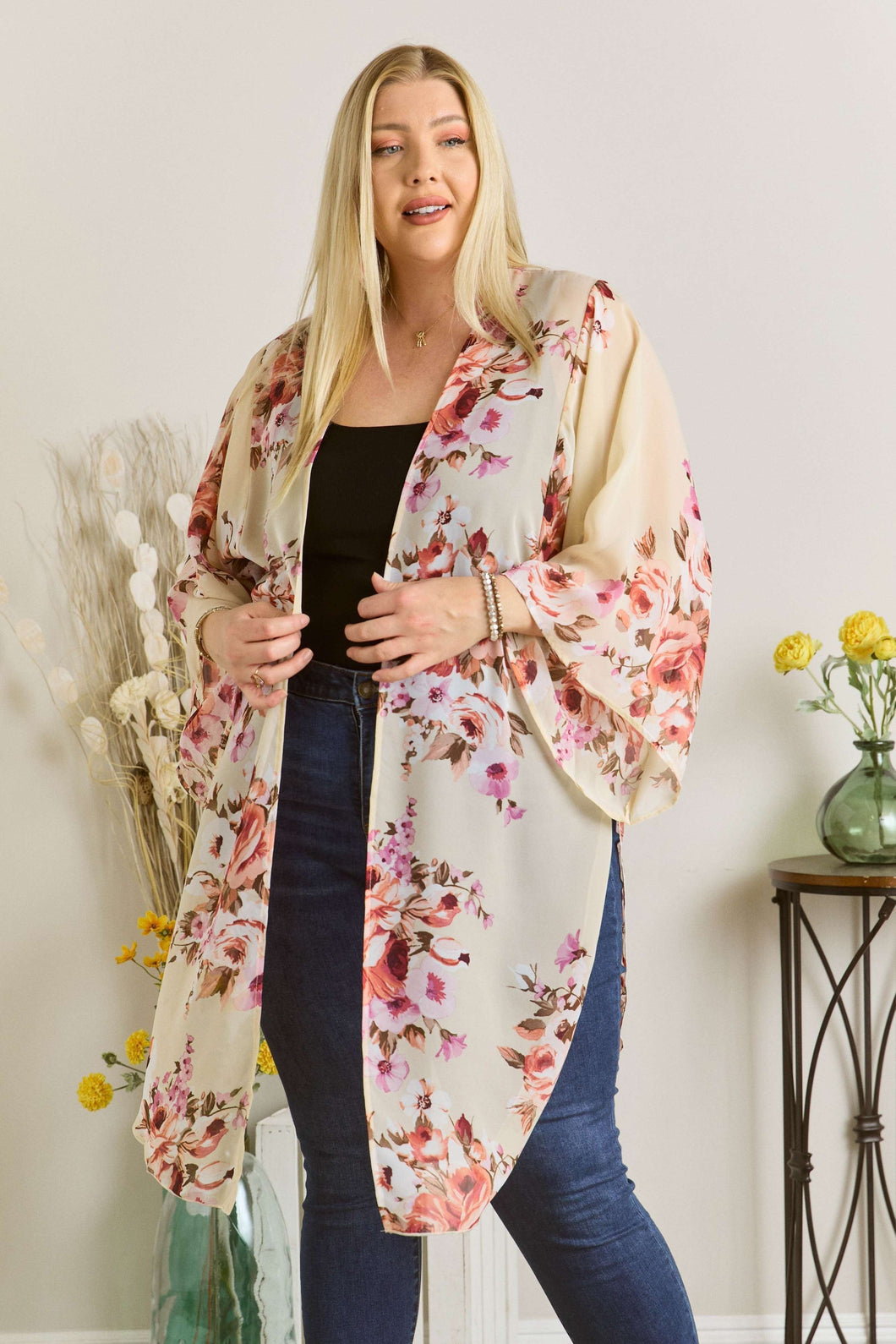 Plus Size Floral Kimono Cardigan