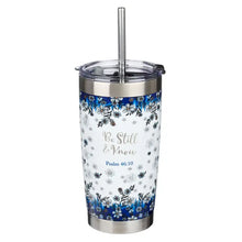 Load image into Gallery viewer, Stainless Steel Travel Mug-White/Navy Floral Be Still Ps. 46:10
