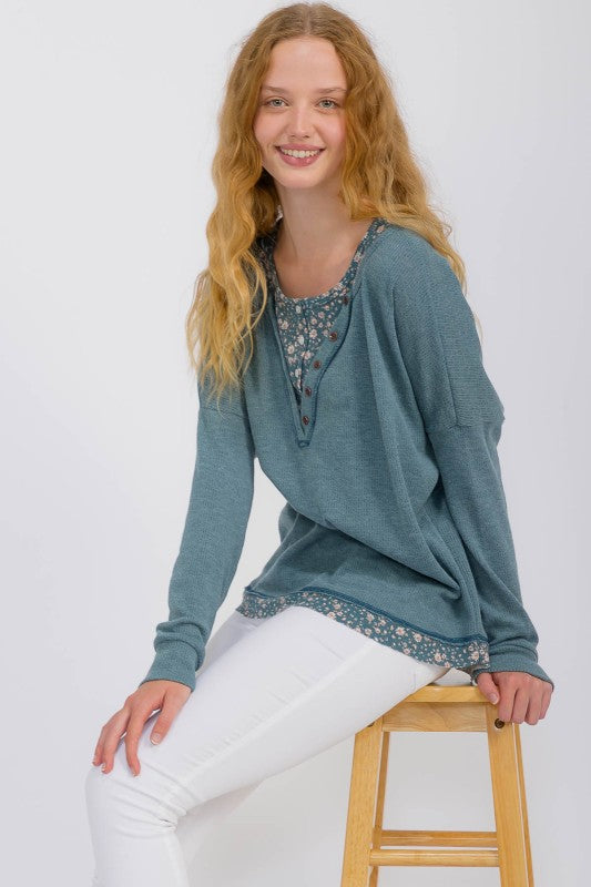 Plus Knit Henley Top With Floral Trim