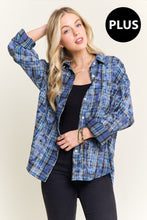Load image into Gallery viewer, Plus Light Blue Burnout Plaid Washed Button Up
