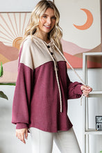 Load image into Gallery viewer, Ribbed Contrast Button Front Hoodie - Burgundy
