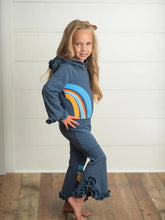 Load image into Gallery viewer, Kids Navy Blue Rainbow Hooded Ruffle Sweatsuit Lounge Set
