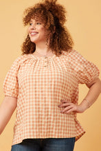 Load image into Gallery viewer, Womens Gingham Button Detail Puff Sleeve Scoop Neck Top
