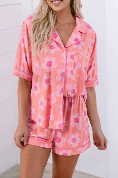 Flower Print Short Sleeve Shirt Pajamas Set