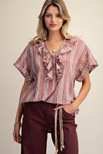 Load image into Gallery viewer, Red Bean Crinkled Striped Blouse
