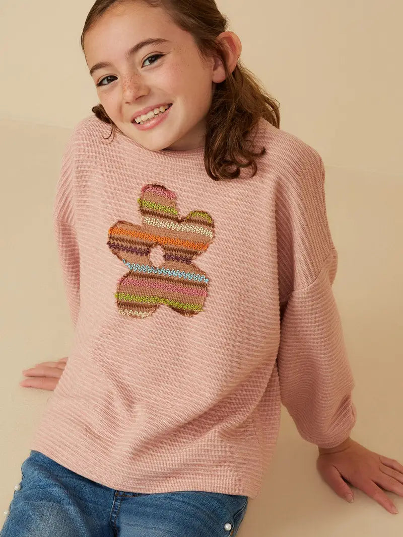 Girls Contrast Floral Patched Textured Stripe Knit Top