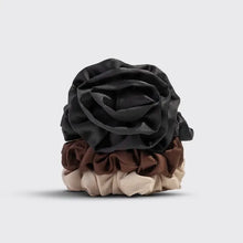 Load image into Gallery viewer, Rosette Ruched Satin Scrunchies 3pc Set - Black
