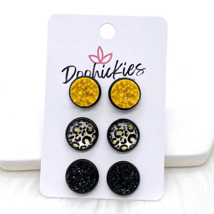 12mm Mustard/Mustard Leopard/Black in Black - Earrings