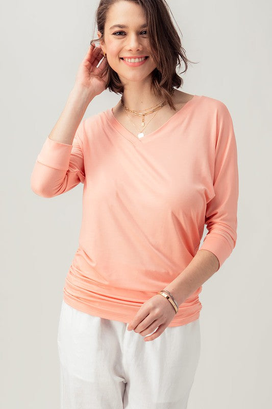 Ruched Batwing 3/4 Sleeve V-Neck Top