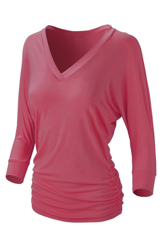Ruched Batwing 3/4 Sleeve V-Neck Top