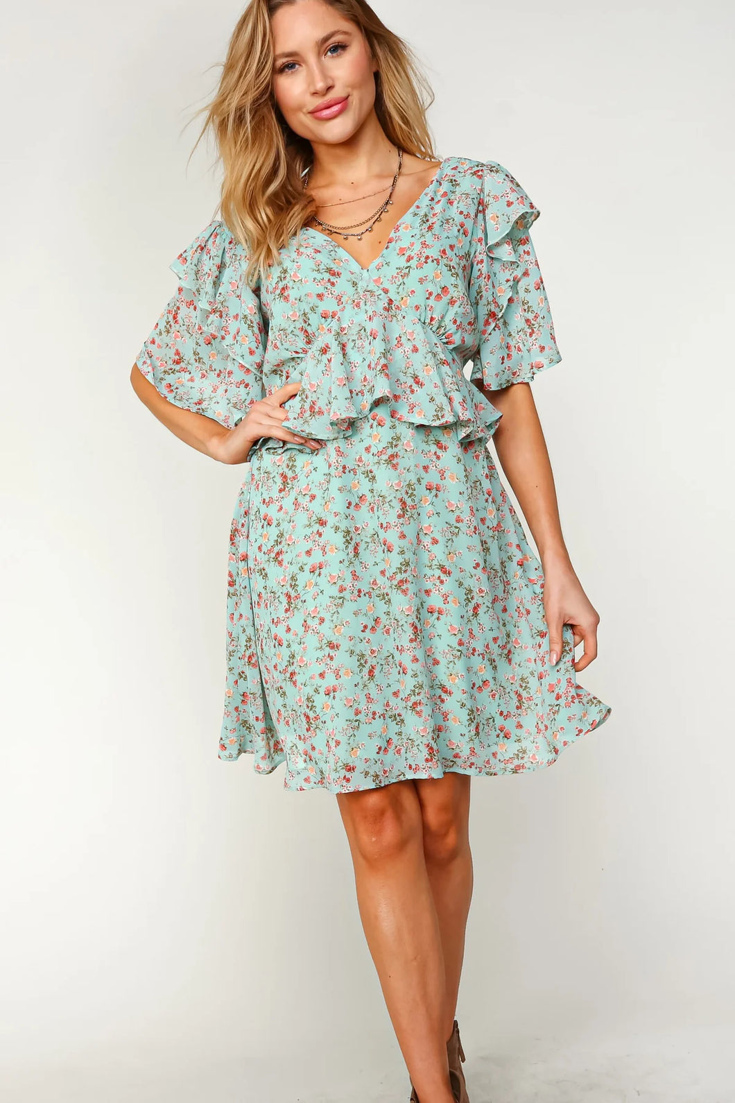 V Neck Chiffon Floral Dress