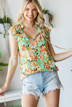 Load image into Gallery viewer, FLORAL RUFFLE TIE SPLIT MOCK NECK BLOUSE- MINT
