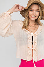 Load image into Gallery viewer, Linen Gauze Ruffle Front Tie Top
